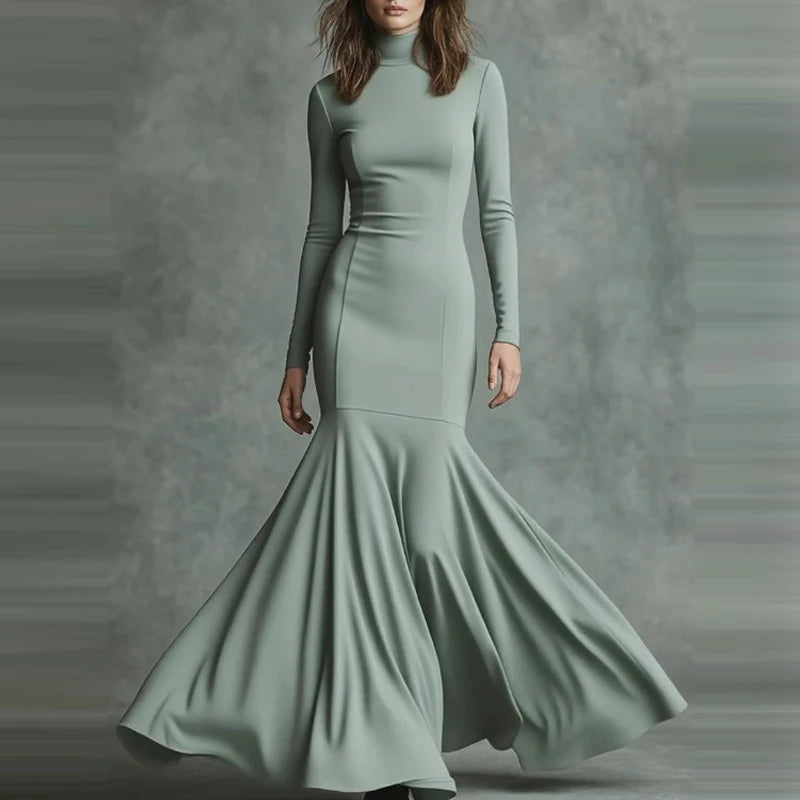 Casual Long Sleeve Women's Long Dresses Fashion Turtleneck Solid Fishtail Dress Elegant Hight Waist Pleated Slim Fit Party Dress