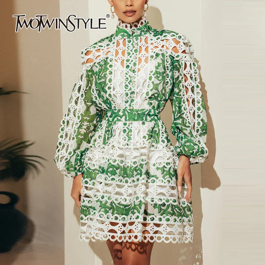 TWOTWINSTYLE Hollow Out Hit Color Dresses For Women Lapel Long Sleeve High Waist Spliced Lace Up Printing Mini Dress Female New