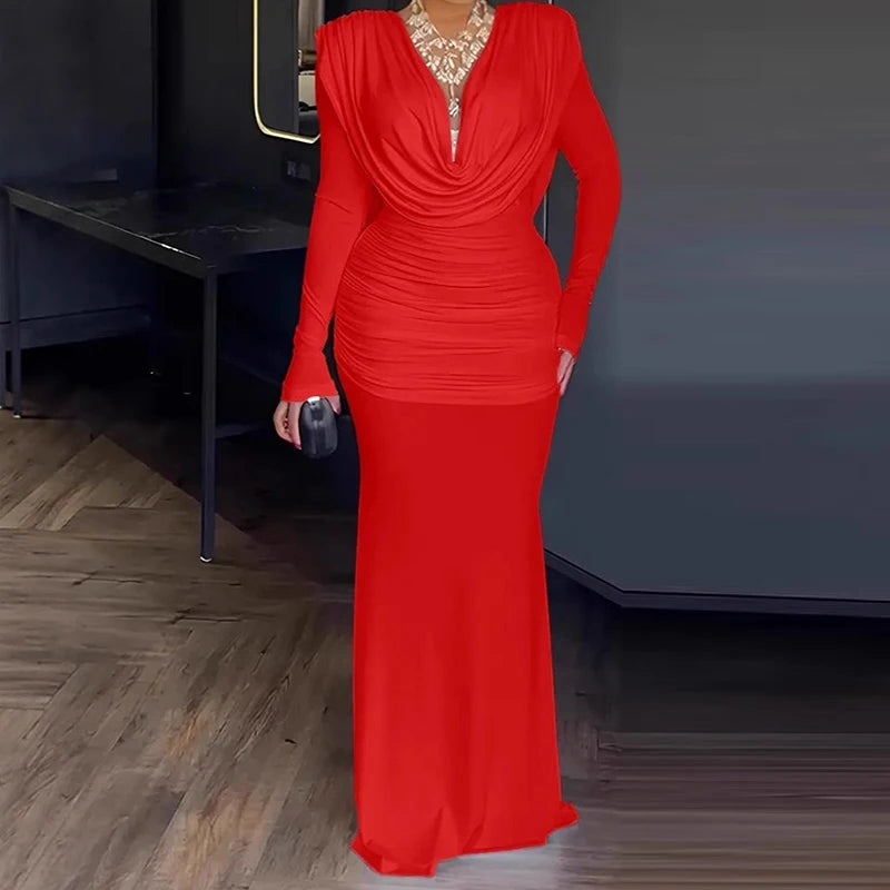 Elegant Patchwork V Neck Long Sleeve Maxi Dress for Women