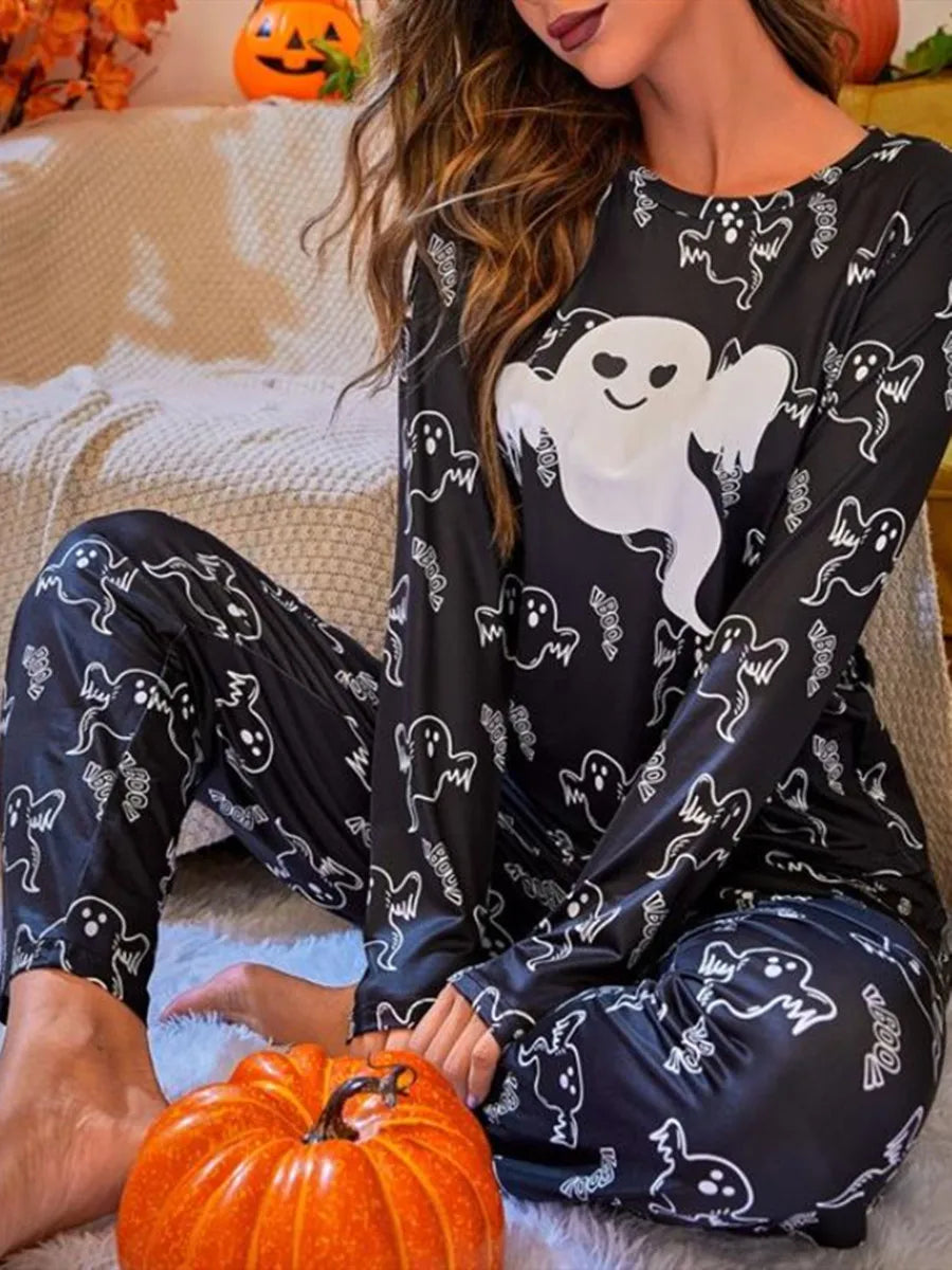 Women Pajama Sets Halloween  Ghosts and Pumpkin Print Spooky Outfits Sleepwear Long Sleeve Round Neck Tops Long Pants Suits Pjs