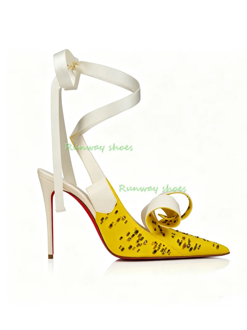 Bright Yellow Silk Pointed Stiletto Heels With Ankle Strap For Women
