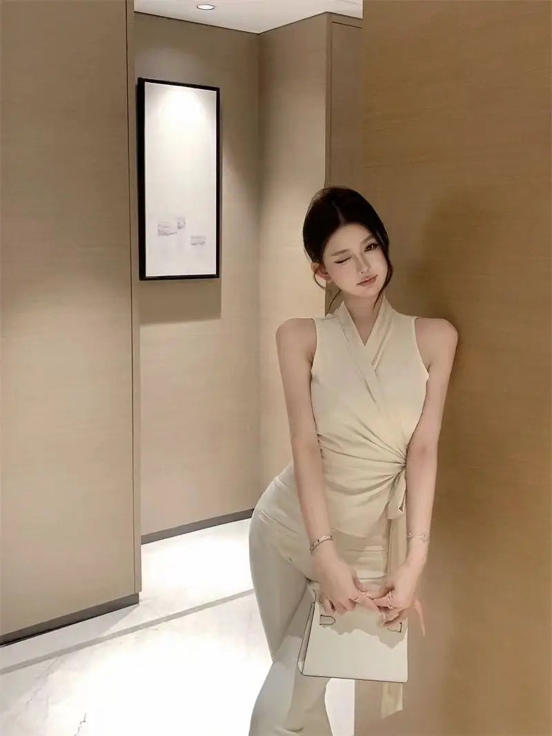 Solid V Neck Bandage Sleeveless Elegant Top for Women