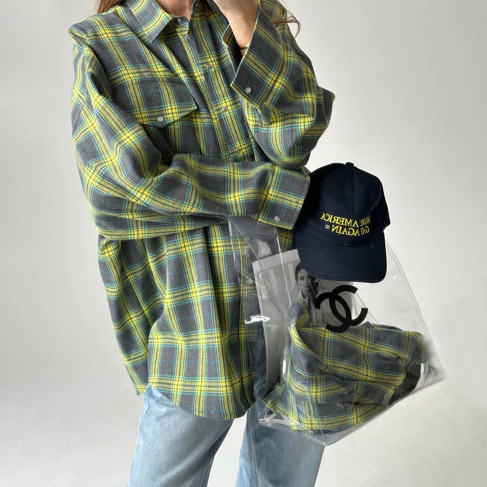 FSMG-Versatile Plaid Shirt For Women, Red Bright Grid, Oversized Blouse, Leisure And Fashionable Top, Spring And Autumn Seasons