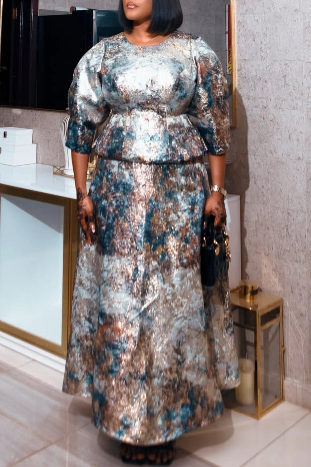 Plus Size Mother Of The Bride Elegant Grey All Over Print Round Neck 3/4 Sleeve Satin Two Piece Skirt Sets [