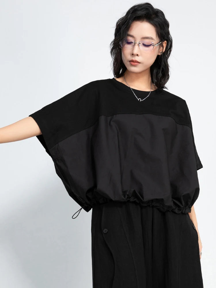 [EAM] Women Black Drawstring Big Size Casual T-shirt New Round Neck Short Batwing Sleeve Fashion Tide Spring Summer 2025 1DJ1031