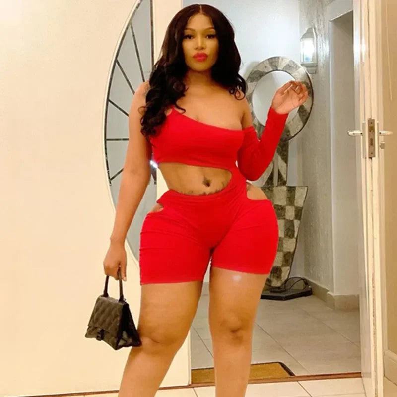 Sexy Bodycon One Sleeve Hollow Out Playsuit for Women