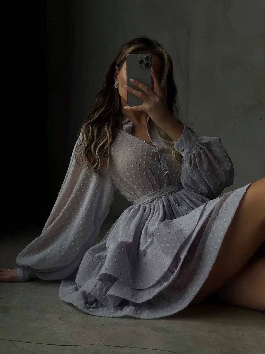 Oymimi Elegant Red Lapel Dresses 2025 Woman Casual Long Sleeve Single Breasted Dresses Fashion High Waisted Ruffled Mini Dress