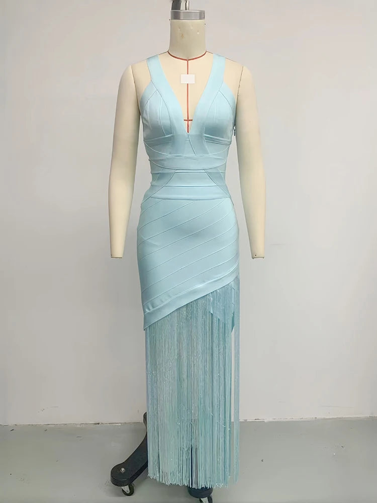 Light Blue Halter Neck Sleeveless Fringe Bandage Maxi Dress for Women