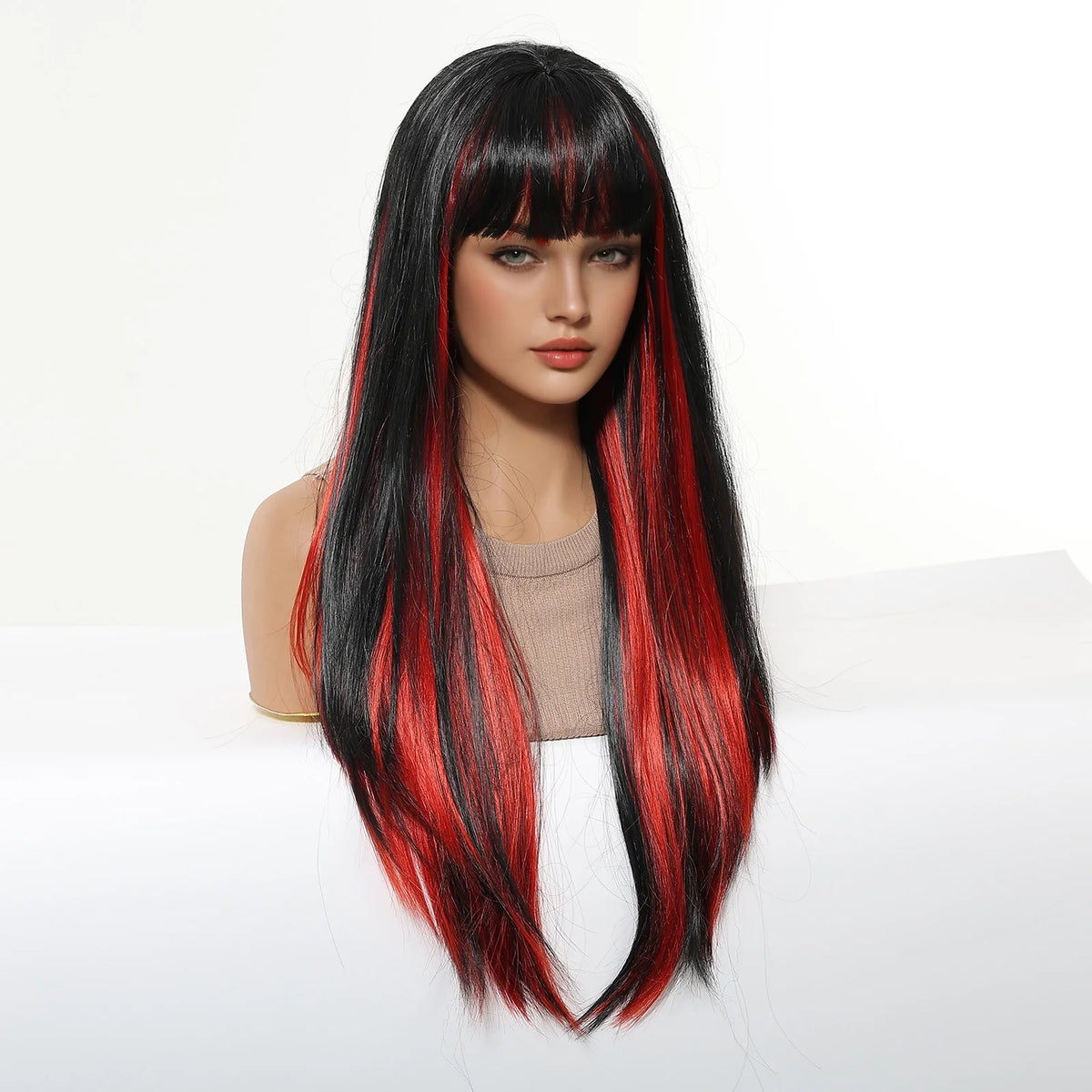 Long Straight Synthetic Wig With Bangs and Red Highlights for Women