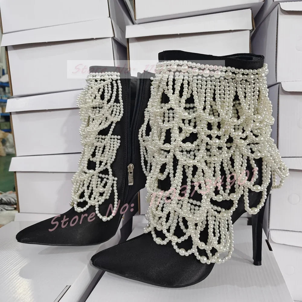 Mid Calf Pointed Toe Zip Satin Pearl Chain Black Boots for Women