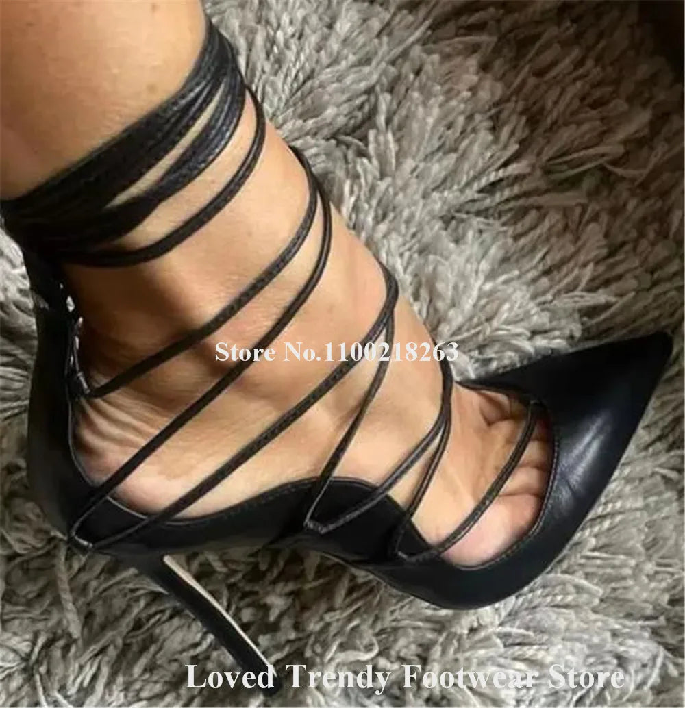 Matte Leather Pointed Toe Lace-Up Stiletto Pumps for Women