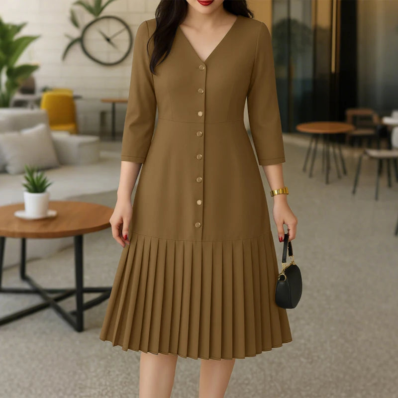 Pleated V-Neck Midi Dress