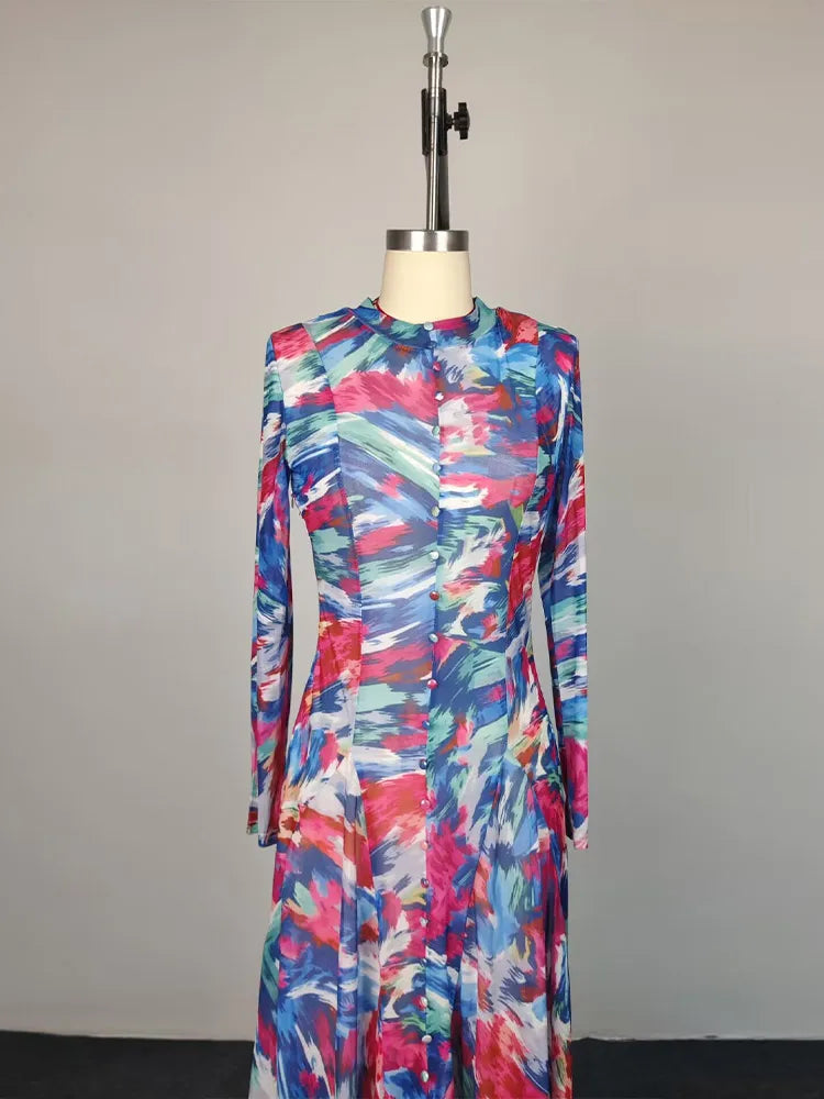 Chic O-Neck Printed Long Sleeve Casual Summer Dress for Women
