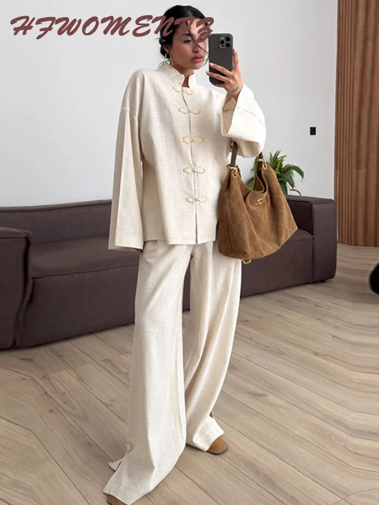 Casual Cotton Coat And Wide Leg Trouser Set for Women