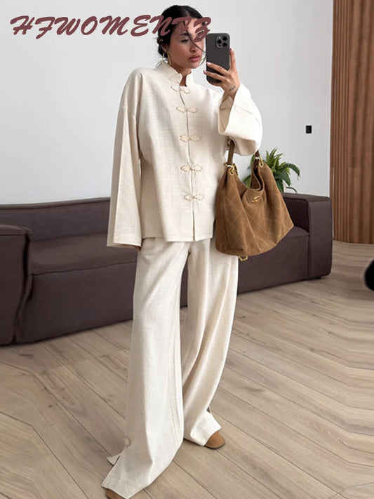 Stand Collar Coat And Wide Leg Trouser Set