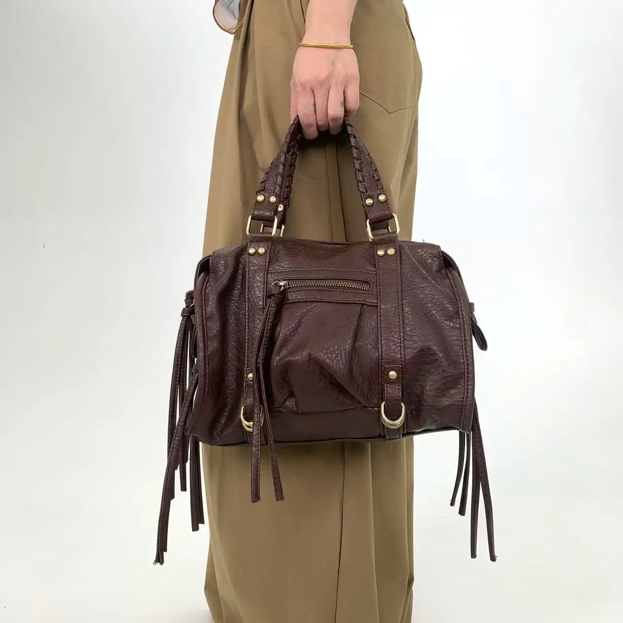 Vintage Street Style Rivet Embellished Shoulder Bag for Women