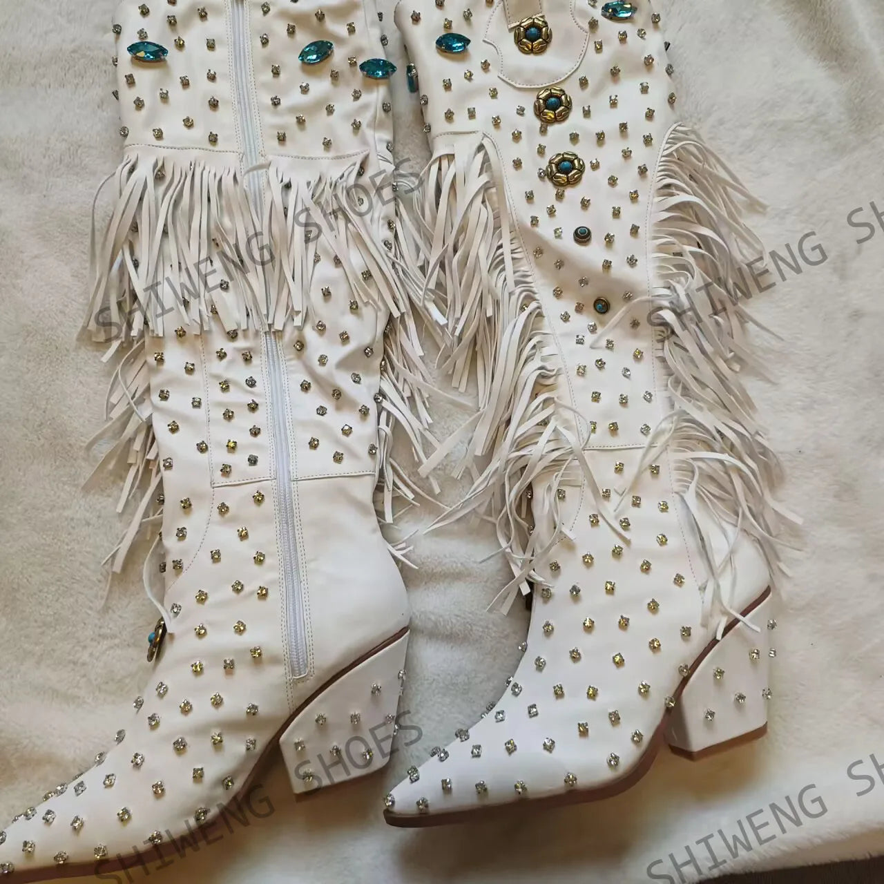 2025 Diamond Fringes Western Boots Women Sparkly Block High Heels Crystal Trim Shoes Ladies Winter Pointed Toe Knee High Boots