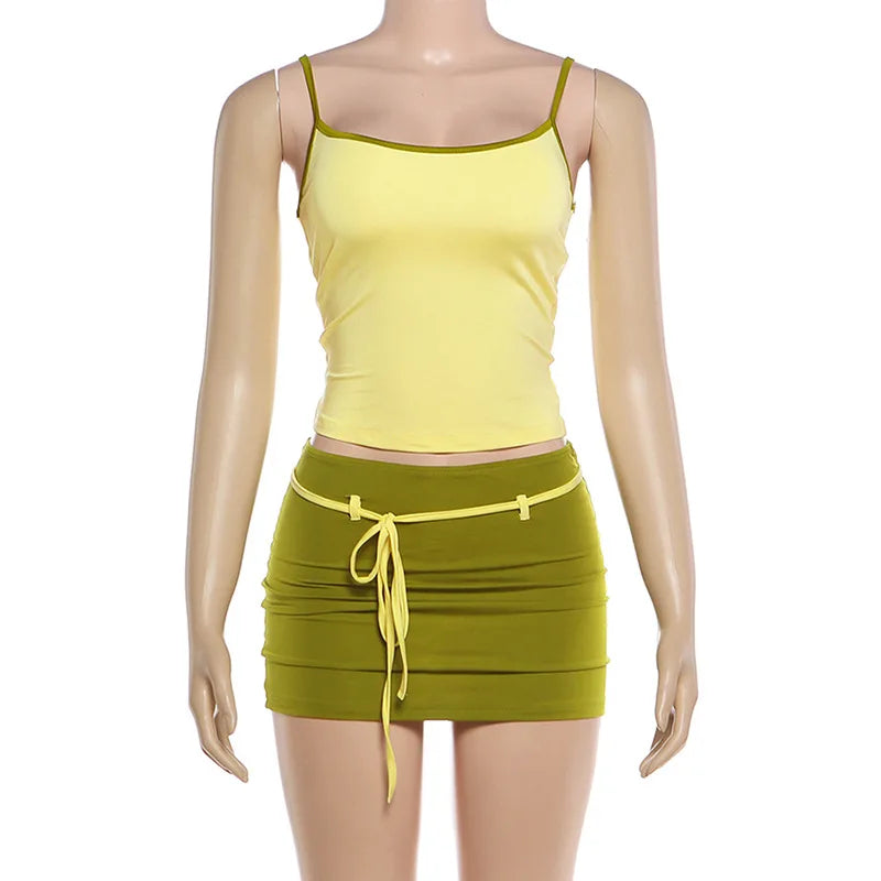 Color Blocking Two Piece Set Backless Camisole And Tassel Skirt for Women