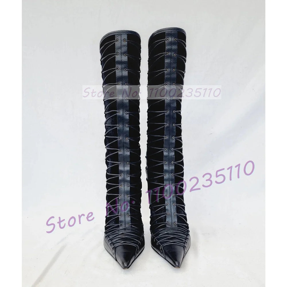 Red-Brown Cross Tied Mid Calf Boots Women Fashion Multi Thin Straps Stilettos Ladies Splicing Leather Side Zipper Pointy Boots