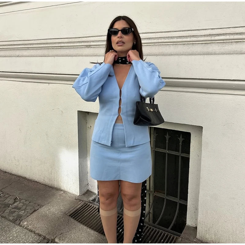 Elegant Knit Two Piece Set With Front Cutout and V Neck For Women