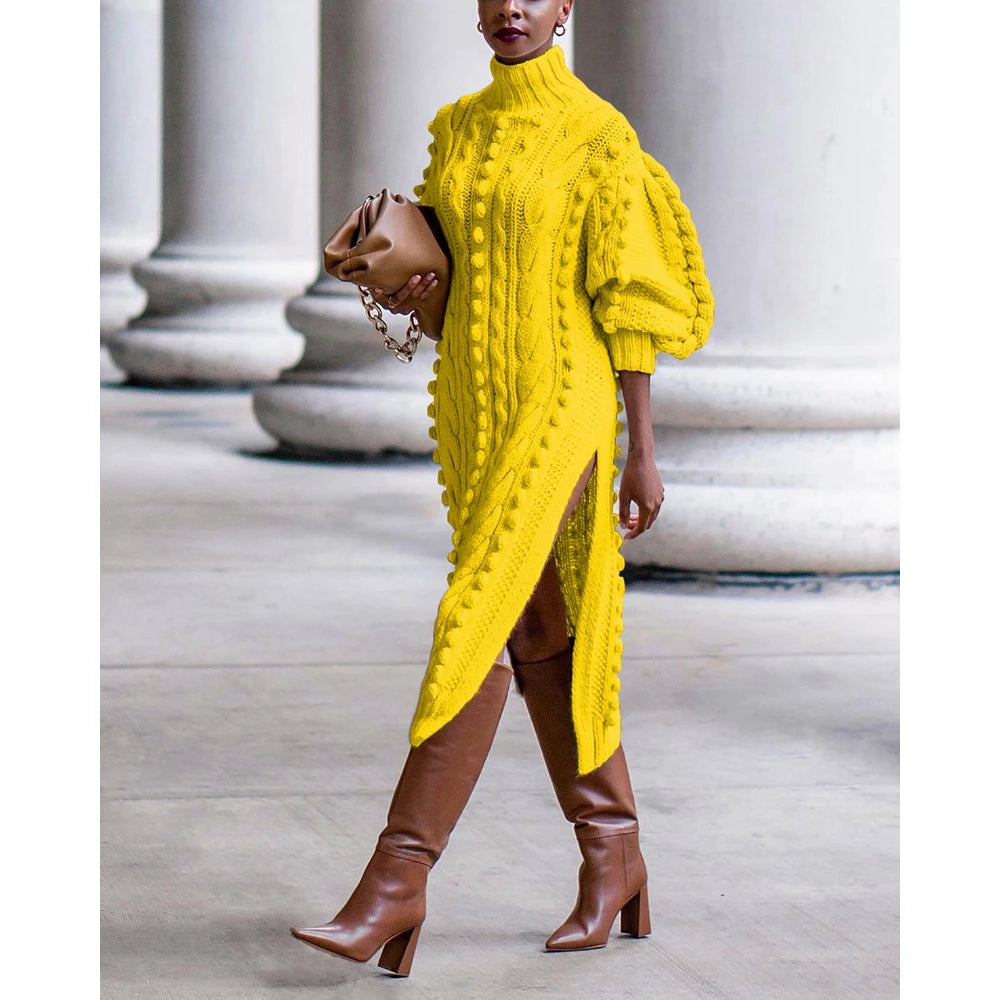 Autumn Women High Neck Twist Rope Lantern Sleeve Side Slit Knitted Sweater Dress New Fashion Femme Casual Dress Robe Clothing