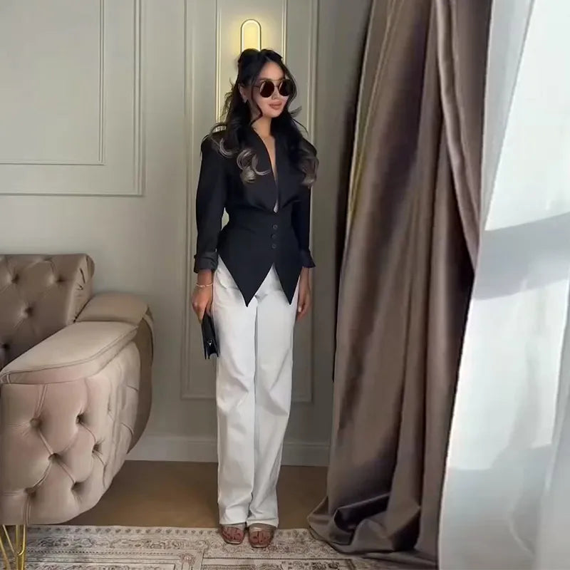Slim Fit Stand Collar Blazer and Shorts Set for Women