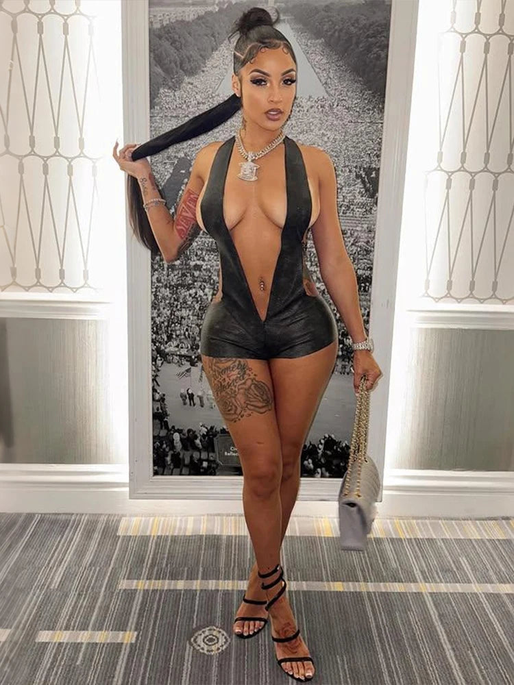 Faux Leather Halter Deep V Neck Backless Romper for Women