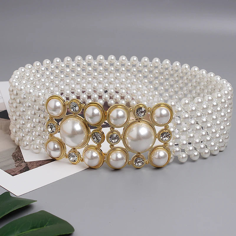 Pearl Embellished Elastic Waist Chain Belt for Women