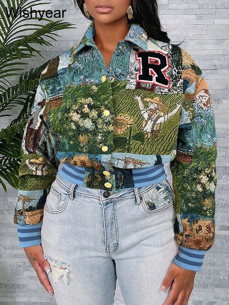 Vintage Print Button Up Baseball Jacket for Women