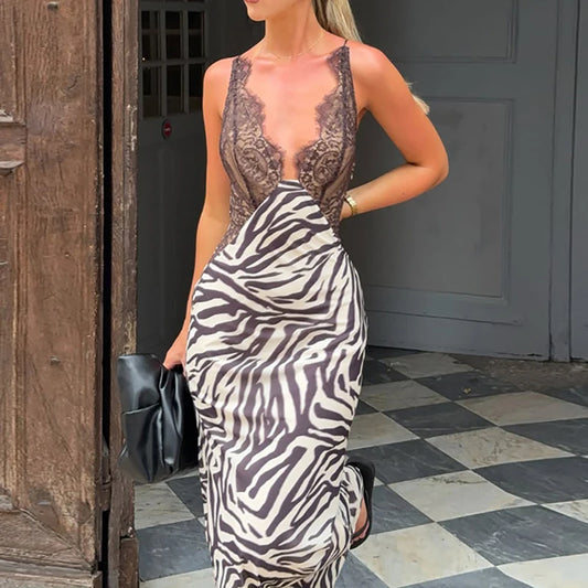 Elegant Backless Printed Slit Evening Dress for Women