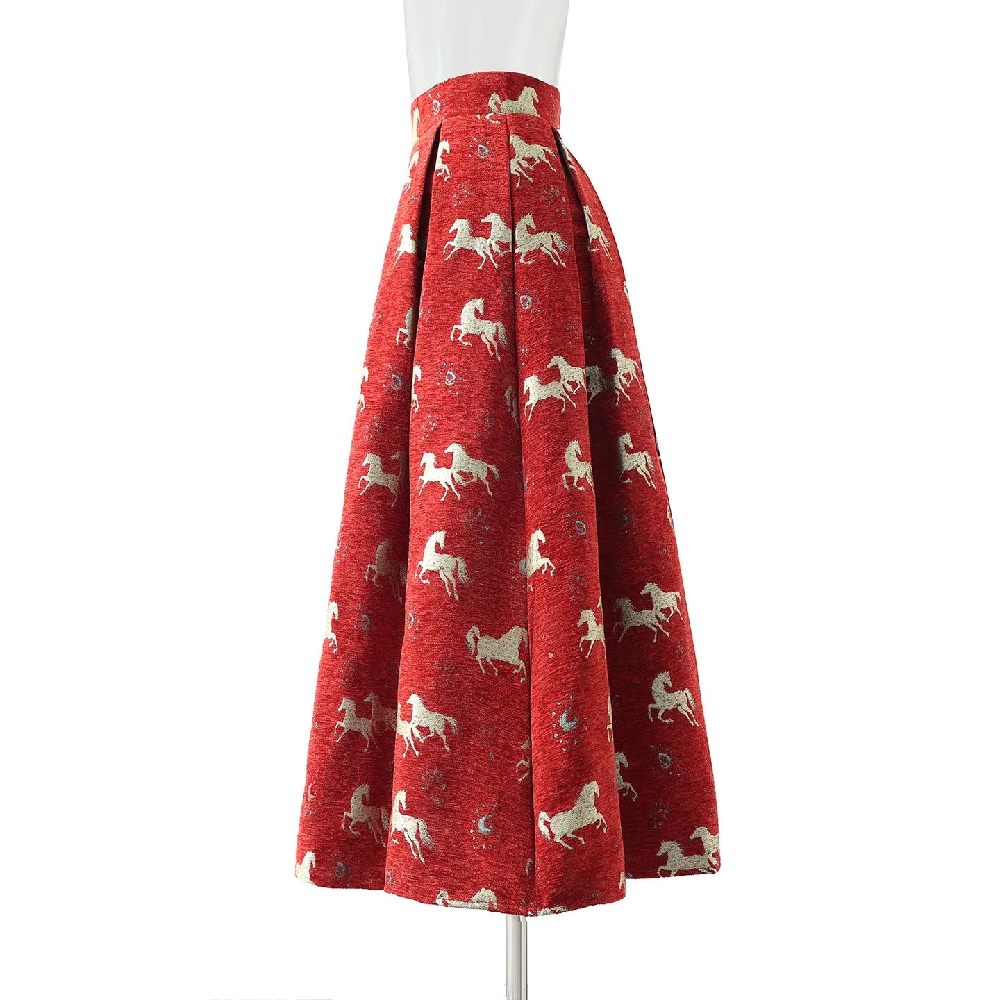 High Quality New Year Red Autumn Winter Vintage Jacquard Mid-long Women A-line Skirt Elegant High Waist Lady Casual Puff Skirts