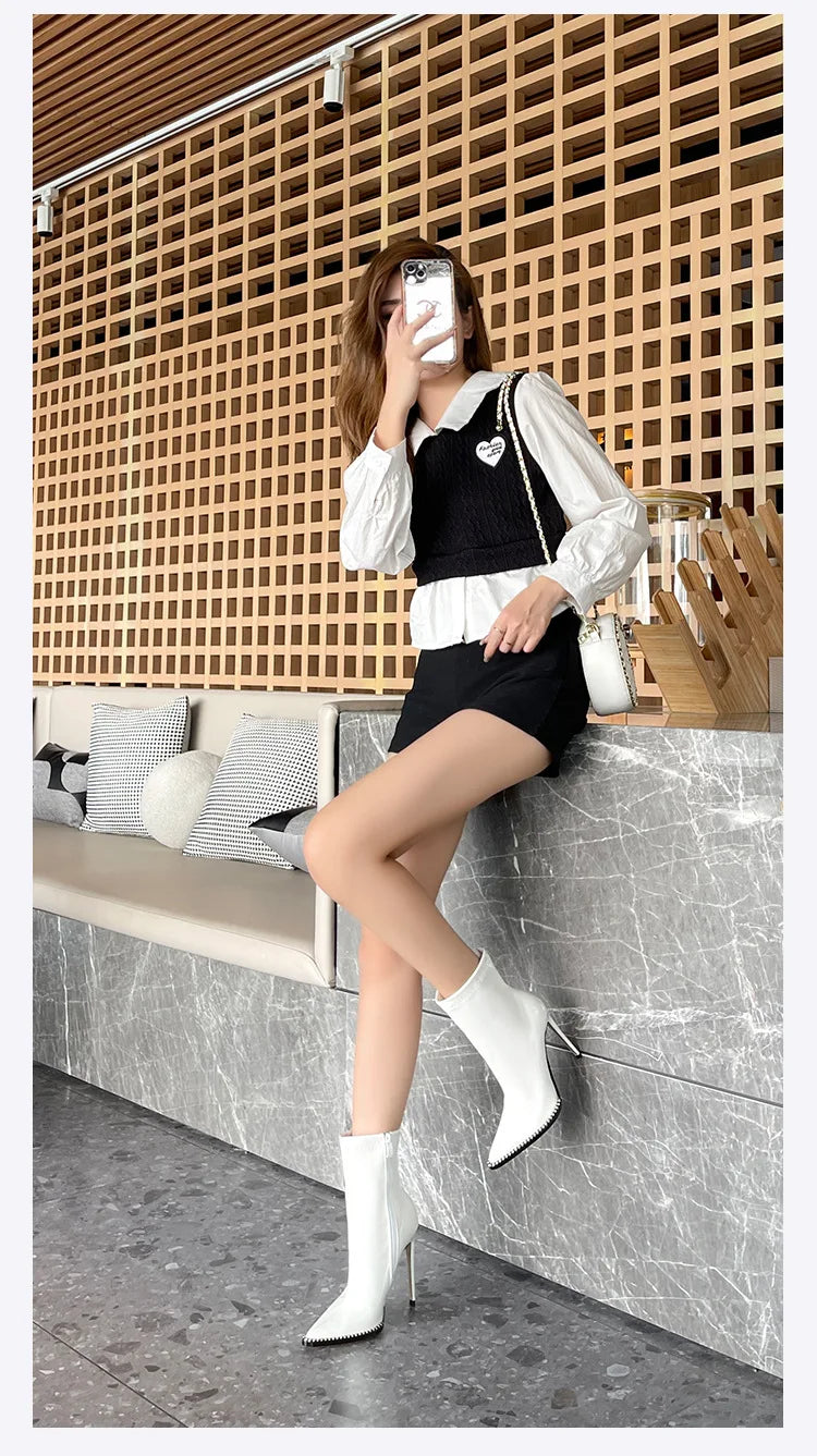 Elegant Rhinestone Bordered Side Zipper High Heel Ankle Boots for Women