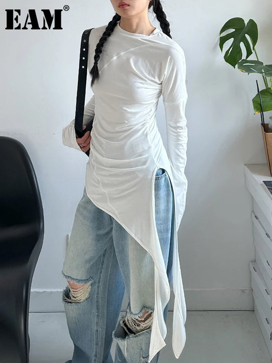 [EAM] Women White Irregular Hem Elegant Long Slim T-shirt New Round Neck Long Sleeve Fashion Tide Spring Autumn 2025 1DJ0097