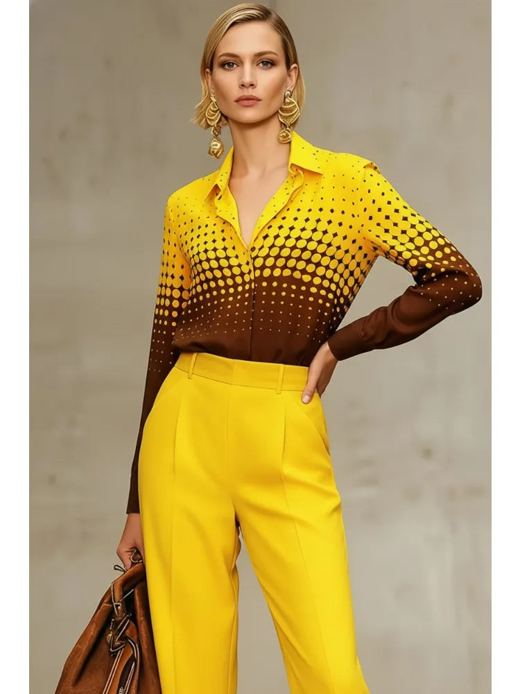 Bonboho Women's Yellow-Brown Gradient Polka Dot Shirt Top 2026 New Stylish Loose Long Sleeves T-shirt Elegant Office Blouse