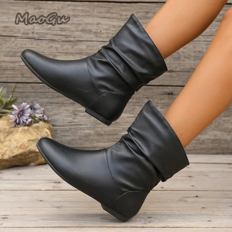 Modern Pleated Leather Square Heel Boots For Women