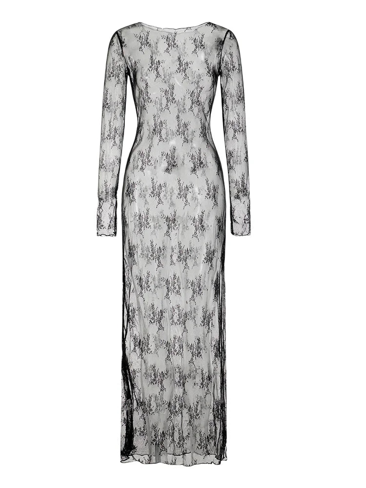 See-Through Lace Dress with Long Sleeves High Slit for Women