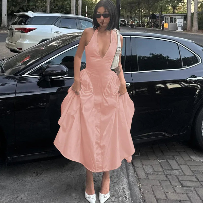Elegant Halter V Neck Backless Maxi Dress For Women
