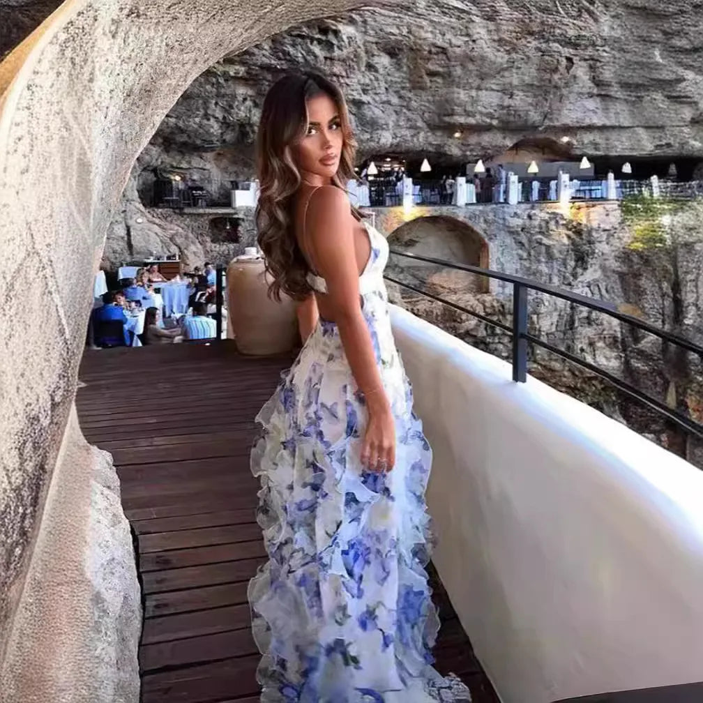Boho Floral Ruffles Sleeveless Maxi Dress for Women