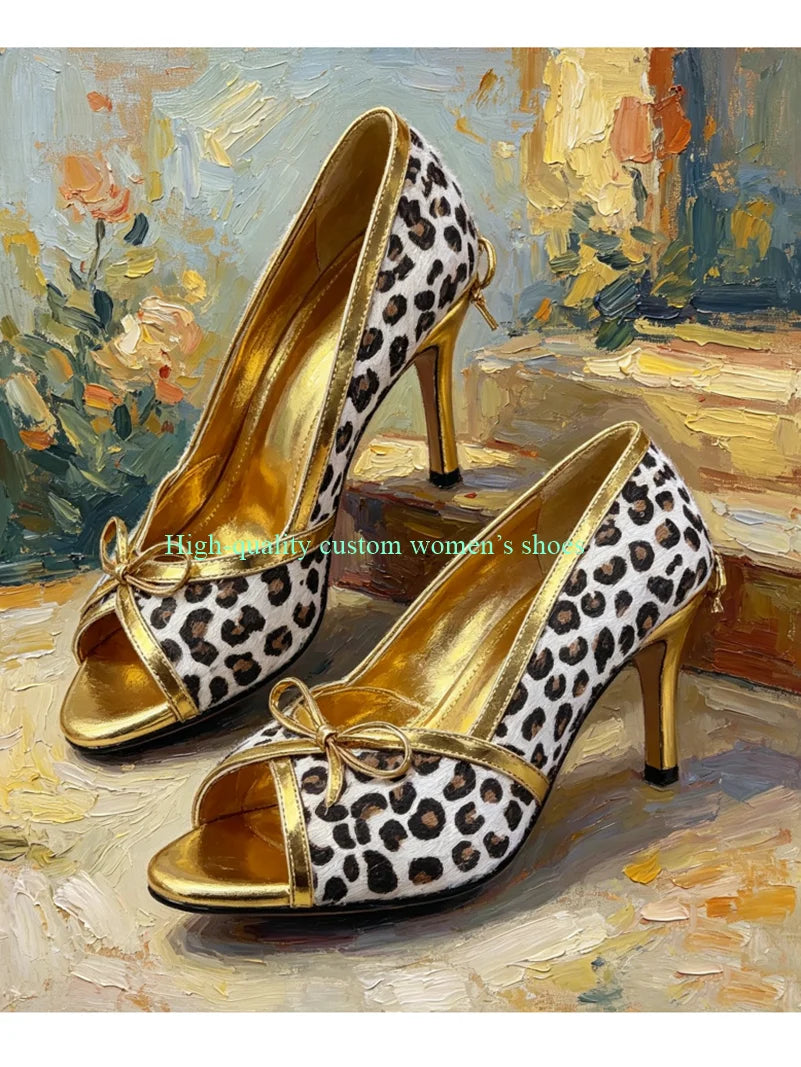 Leopard Print Gold Lace Bow Strappy Sandals for Women
