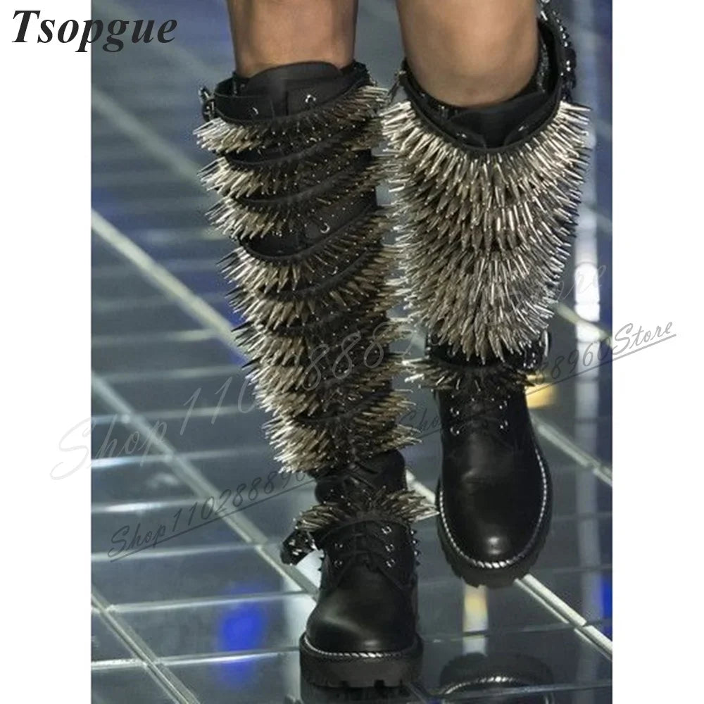 Catwalk Knee High Black Cross Tied Rivet Boots Flat With Shoes For Women Side Zipper Round Toe 2024 Fashion Zapatos Para Mujere