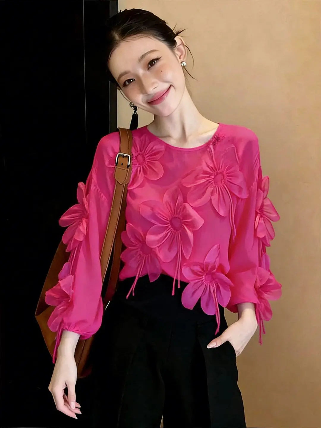 Three Dimensional Flower Lightweight Long Sleeve Top for Women