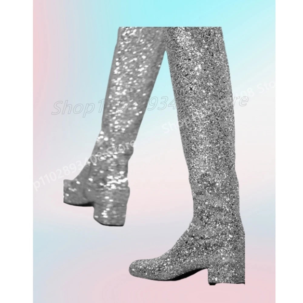 Glitter Sliver Party Dance Knee High Boots Runway Side Zipper Chunky High Heel Fashion Sexy Women Shoes 2025 Hot Para Mujere