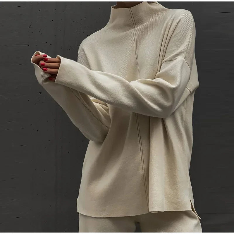 Solid Turtleneck Sweatshirt Set With Wide Leg Pants for Women