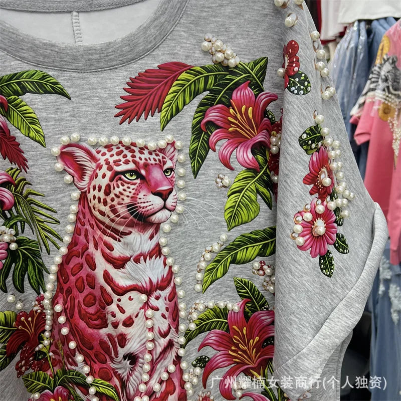 Relaxed Fit Beaded Animal Print Crew Neck Tee For Women