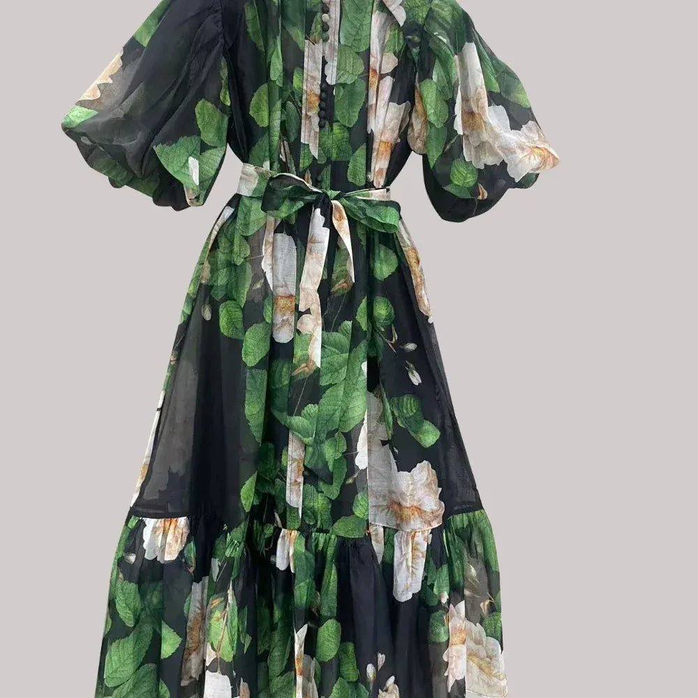 TWOTWINSTYLE Hit Color Spliced Printing Midi Dresses for Women Round Neck Short Sleeves Patchwork Lace Up Elegant Dress Female