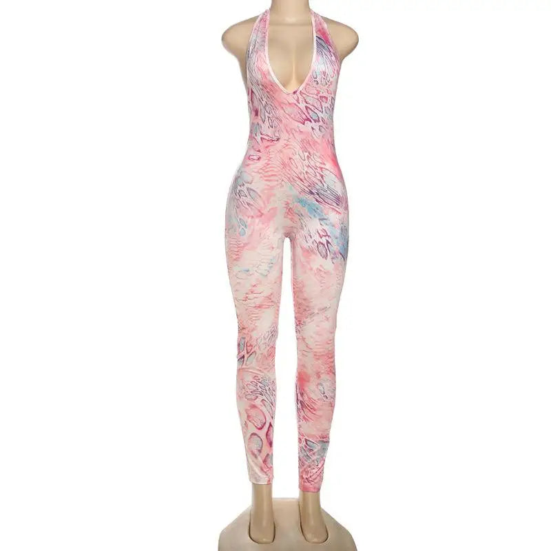 FAGADOER Sexy Leopard Print Bodycon Jumpsuits Women Halter Sleeveless Backless One Piece Rompers Female Streetwear Overalls New