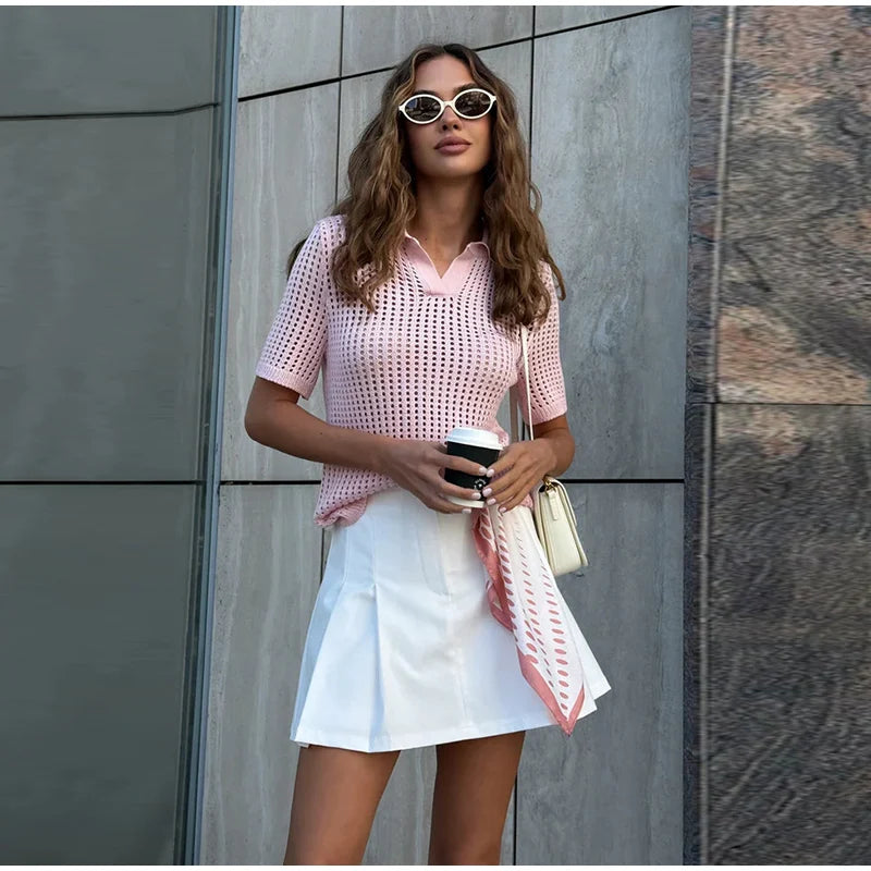 Casual Hollow Out Knit V Neck Pullover Sweater for Women