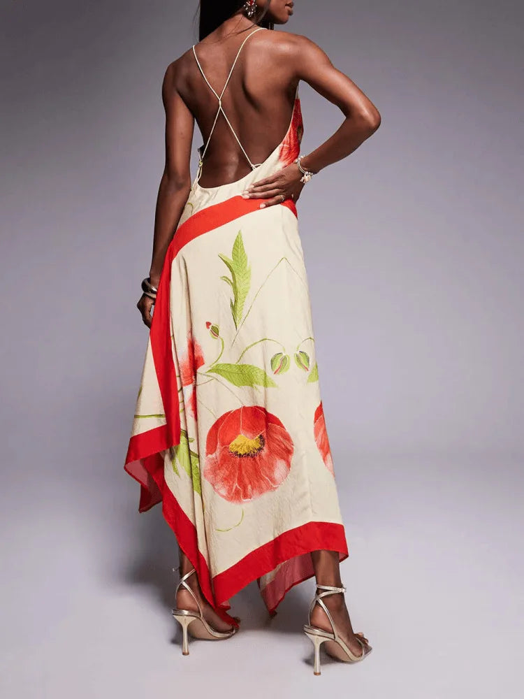 Floral Print Spaghetti Strap Backless Dress for Women