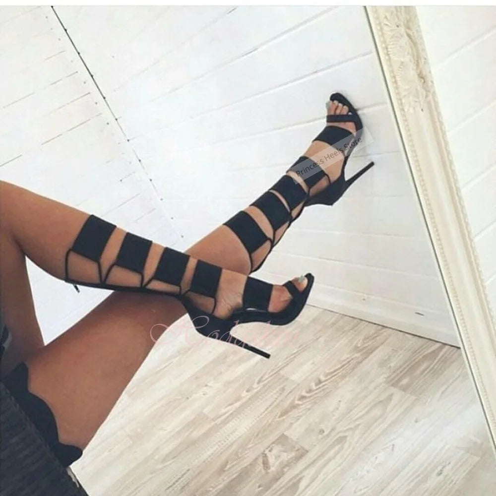 Knee High Cutout Strappy Leather Boots With Stiletto Heels for Women