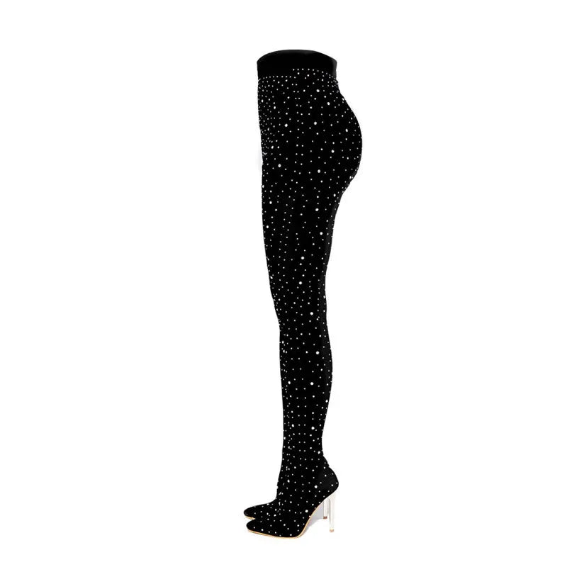 Black Lace Crystal Pointed Toe Over The Knee Boots For Women
